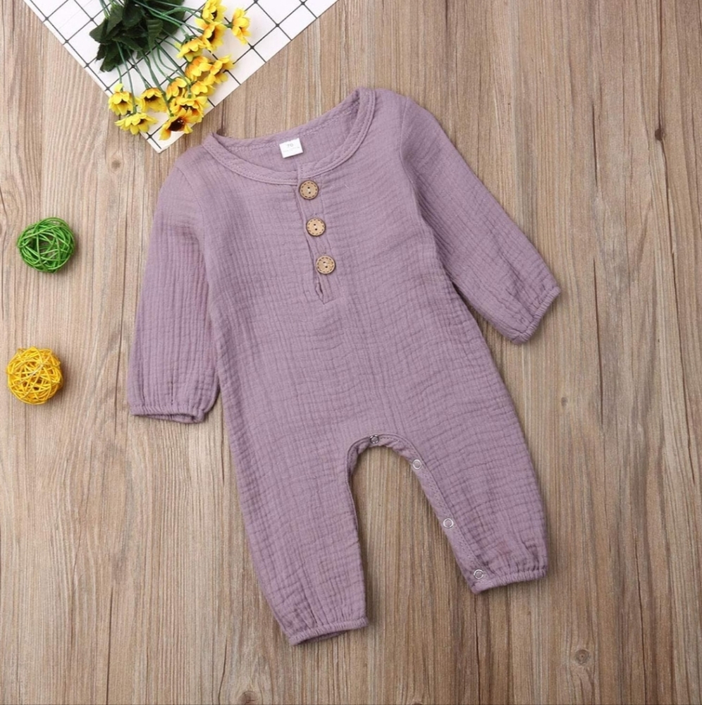 Baby Girl Cotton Gauze Purple Romper Long Sleeve Button One-Piece Jumpsuit 6-9M